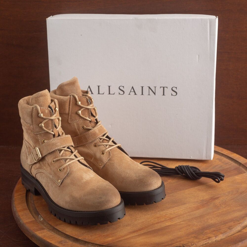 All Saints Paulina Suede Moto Boots Lace Up Buckle Womens SZ 11 Desert Sand Tan